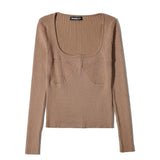 Women Fall Fall Fall Six-Color Square Collar Patchwork Knitting Top Slim Fit Short Sweater
