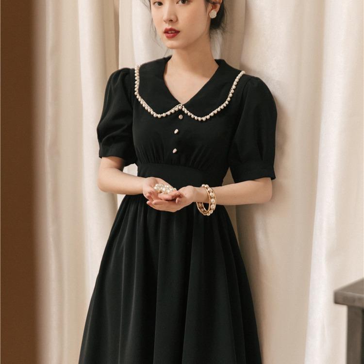 Women Retro Cottagecore Vintage Dress Summer Retro Short Sleeve Pearl Collar Black Corset Slimming Midi Dress