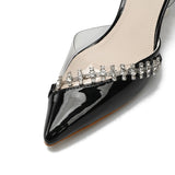 Nude Block Heels Closed Toe Sandals Transparent Rhinestone Women's Shoes