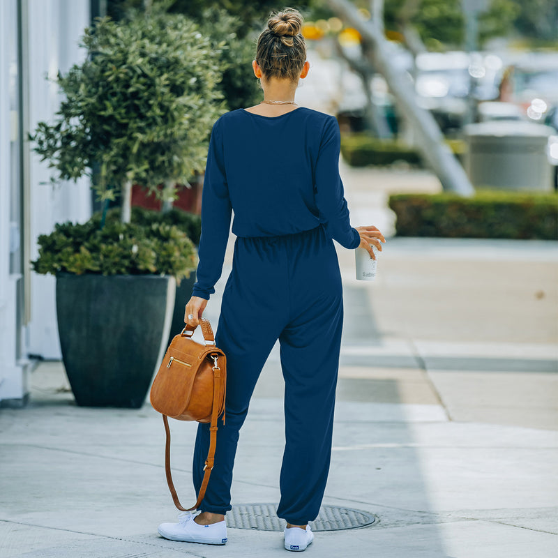 Women Fall Outfits Autumn and Winter Solid Color round Neck Slimming Long Sleeves Jumpsuit