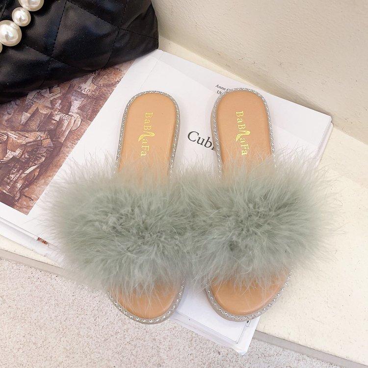 Women Open Toe Sandals Flats Fur Spring and Summer Fashion Outerwear Candy Color Word Flat-Heeled Sandals