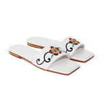 Flat Dress Sandals Low Heel Embroidered Flower Cutout Square Toe Sandals