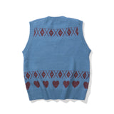 Men Sweater Vest Cartoon Embroidered Knitwear Vest Loose V-neck Sleeveless Sweater BF Idle Style Vest