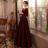 Burgundy Dresses For Wedding Autumn And Winter Long-Sleeved Red Wedding Evening Dress