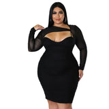 Nina Parker Black Dress plus Size Hollow Mesh Long Sleeve Narrow Dress