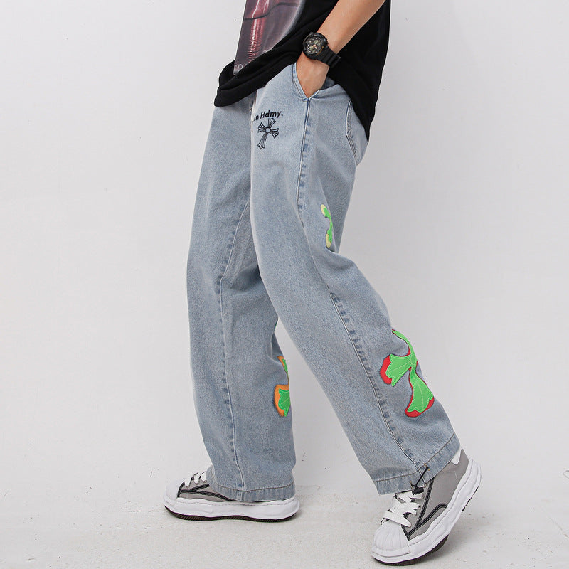 Mens Fall Outfits Vintage High Street Cross Graffiti Printing Jeans Men and Women Straight Loose-Fitting Wide-Leg Trousers
