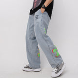 Mens Fall Outfits Vintage High Street Cross Graffiti Printing Jeans Men and Women Straight Loose-Fitting Wide-Leg Trousers