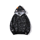 Shark Print Jacket Shark Head Luminous Starry Sky Double Hood Sweater Men And Women Zipper Fleece Padded Coat