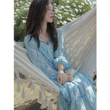 Aesthetic Dress Vintage Dress Women V-neck Tiered-Ruffle Long Dress