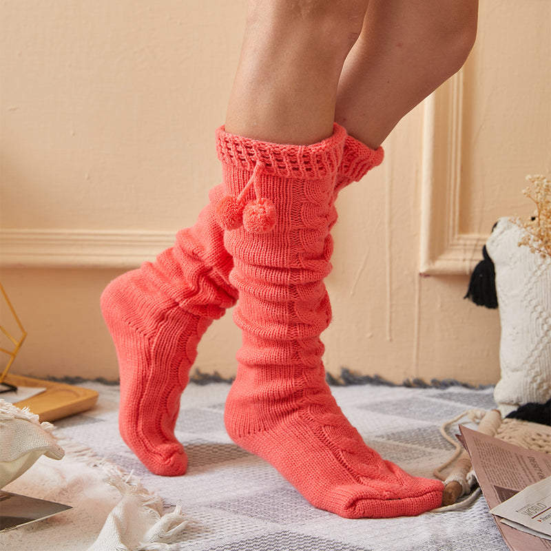 Winter Chunky Cable Thick Knit Thigh High Socks Long Stockings Boot Knitted Garter Fur Ball over the Knee Stockings Woolen Yarn Socks