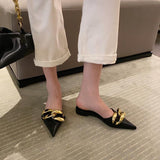 Finn Chain Pointed Toe Mule Big Metal  Women's Flat for Outdoors Soft Bottom Toe Cap Slippers Mules Shoes