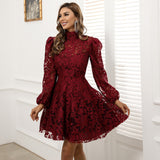 Burgundy Dresses For Wedding Bridal Dress Banquet Long-Sleeved Red Lace Hollow-Out Short Skirt Women