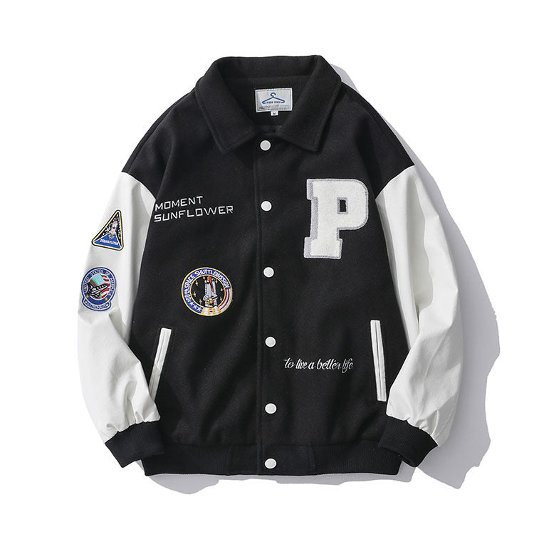 Green Varsity Jacket Autumn Winter Street Woolen Baseball Jacket Men's Loose Lapels Chapter Embroidery Patch