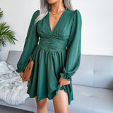 Winter Formal Dresses Autumn Winter Sexy V-neck Tight Waist Chiffon Pleated Dress
