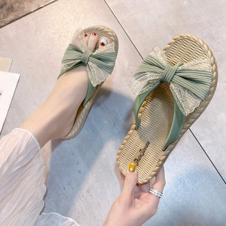Women Open Toe Sandals Flats Summer Bowknot Flip Toe Fashion Outerwear Flip-Flops Flat Heel Beach Slippers