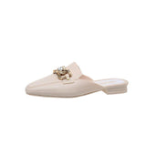 Finn Chain Pointed Toe Mule Rhinestone Bow Ferrule Half Slippers Faux Leather Women's Shoes