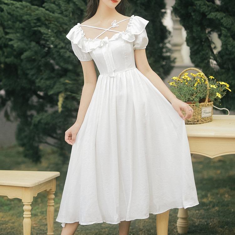 Women Retro Cottagecore Vintage Dress Square Collar Dres Summer Square Collar Short Sleeve Corset Retro Slimming Dress