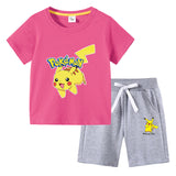 Children Pokemon Pikachu Hoodie T-shirt Shorts Two-Piece Suit Cotton