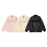 Beige Varsity Jacket Dark Letters Embroidered PU Leather Coat Men's Stand Collar Jacket Top