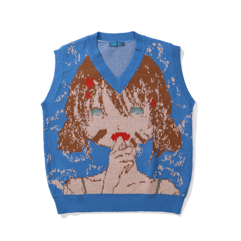 Men Sweater Vest Cartoon Character Jacquard Sweater Vest Men's BF Idle Style V-neck Sleeveless Sweater Vest
