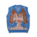 Men Sweater Vest Cartoon Character Jacquard Sweater Vest Men's BF Idle Style V-neck Sleeveless Sweater Vest