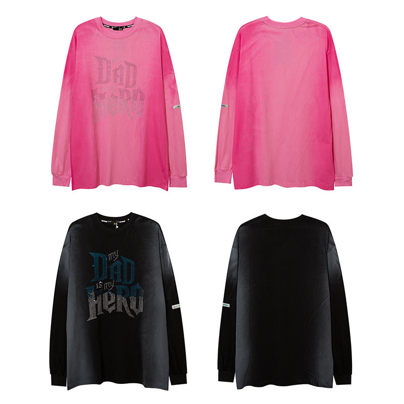 Mens Fall Outfits High Street Diamond-Embedded T Shirt Men and Women Hiphop Couple's Tops Distressed Long Grapefruit