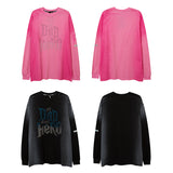 Mens Fall Outfits High Street Diamond-Embedded T Shirt Men and Women Hiphop Couple's Tops Distressed Long Grapefruit