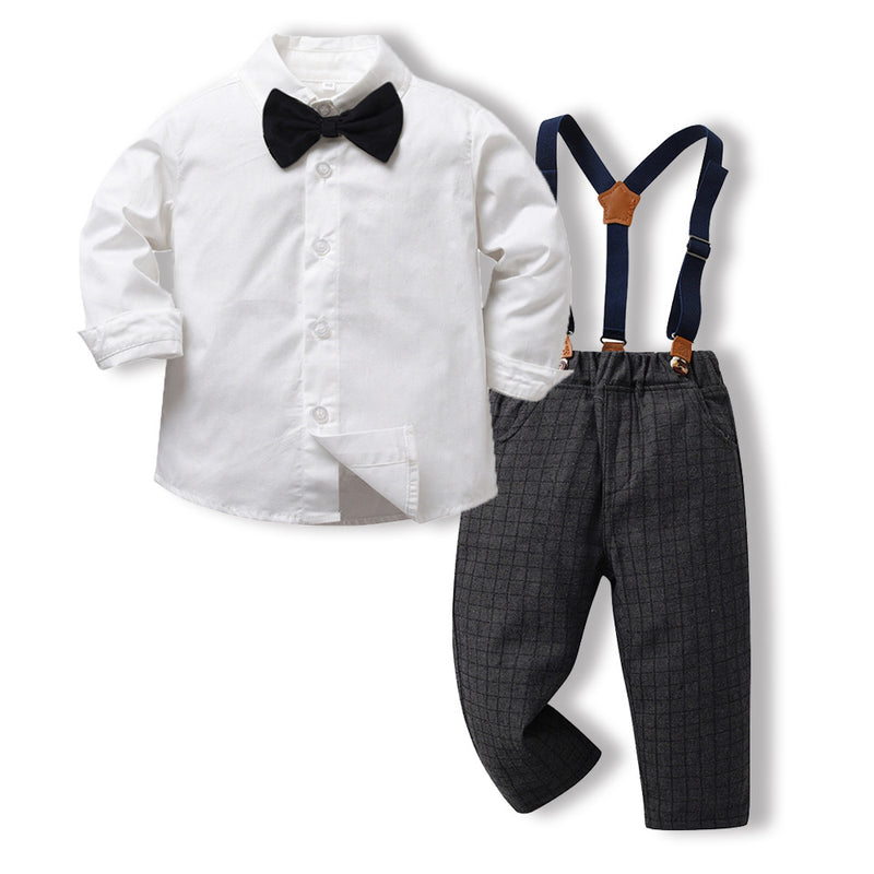 Children Boy Formal Shirt & Suspender Pants 2 Piece Set Children Fall Lapels Long Sleeve Pure