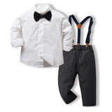 Children Boy Formal Shirt & Suspender Pants 2 Piece Set Children Fall Lapels Long Sleeve Pure