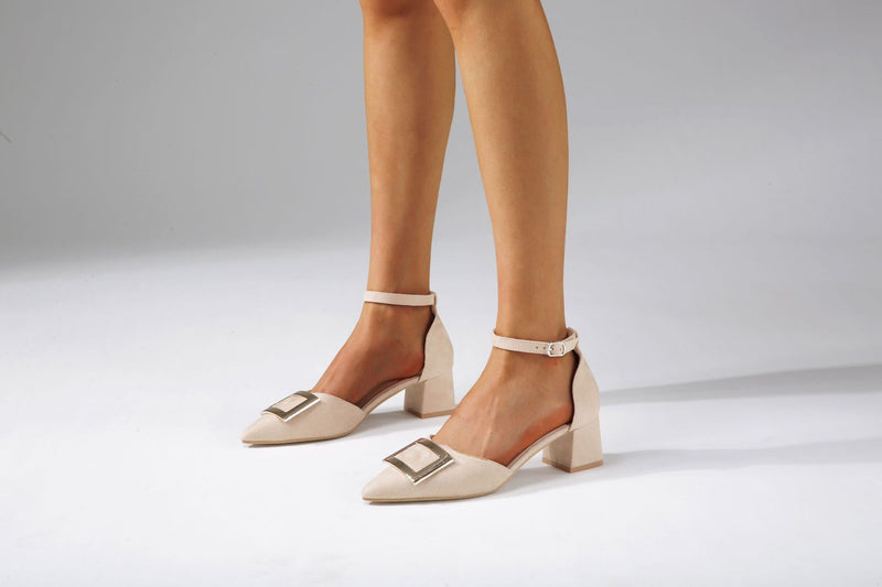 Nude Strappy Block Heels Autumn Square Buckle Thick Mid Heel Pointed Toe Large Size Shoes