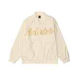 Beige Varsity Jacket Dark Letters Embroidered PU Leather Coat Men's Stand Collar Jacket Top