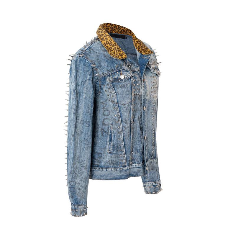 Patchwork Denim Jacket Leopard Print Lapel Punk Trendy Denim Jacket