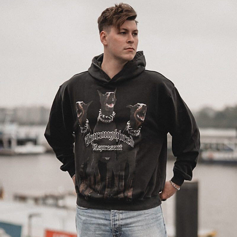 Present Thoroughbred Doberman Dog Print Hoodie Hip Hop Vintage Printing plus Velvet Hoodie Fog