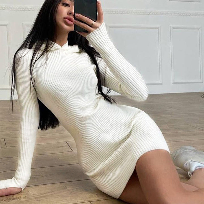 Winter Formal Dresses Hooded Long-Sleeved Woolen Skirt Knitted Solid Color Dress for Women