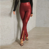 Brown Leather Pants High Waist Stretch Flared Pants Women's Split Trousers