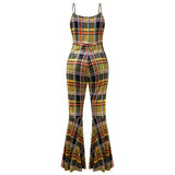 Women Plaid Catsuit Women Checkered Jumpsuit Summer Women's Casual High Waist Slim Fit Plaid Suspender Jumpsuit Bell-Bottoms