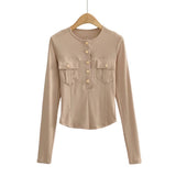 Women Fall Fall Fall Four Colors Gold Buckle Pocket Long Sleeve T-shirt Slim Fit Top