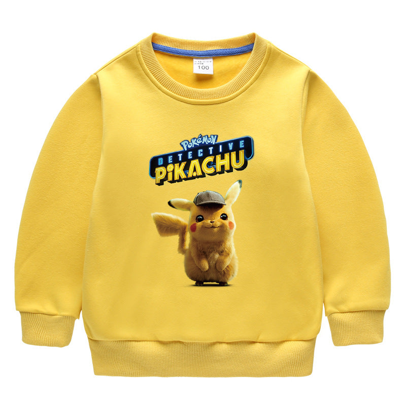 Children Pokemon Pikachu Hoodie Children's Fleece-Lined Sweater Boys' Fleece-Lined Autumn and Winter Clothes Baby Pikachu