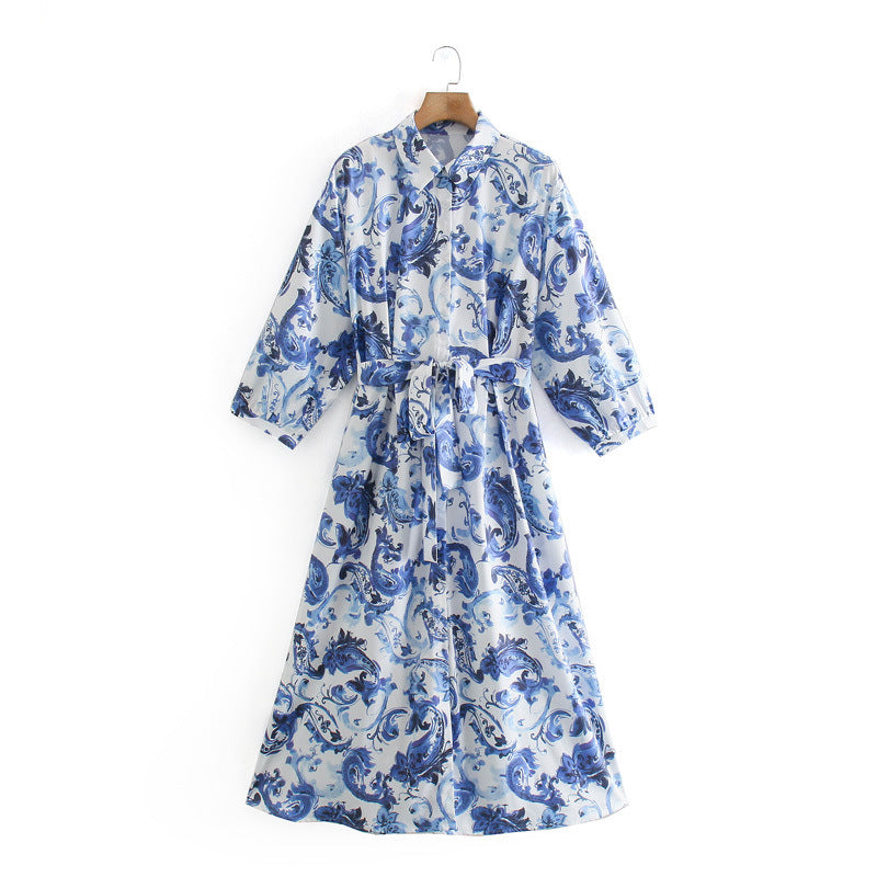Women Fall Fall Printed Poplin Dress Single-Breasted Lace Up Long Dress