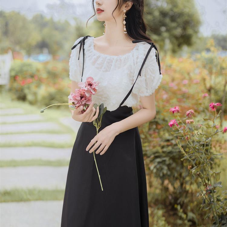 Women Retro Cottagecore Vintage Dress Square Collar Dres Summer Tassel Suspender Skirt Two-Piece Set