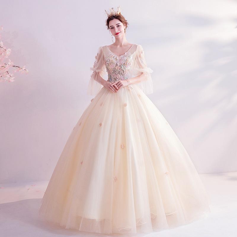 Women'S Evening Dress Ball Gown Princess Quinceanera Wedding Dresses Champagne Solo Puffy Skirt Banquet Stage Costume Female