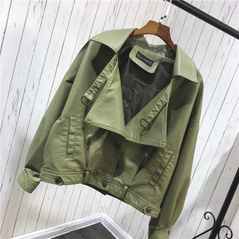 Women PU Leather Jacket Biker Motorcycle Coat Women's Short Spring Loose High Waist Coat