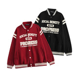 Red Varsity Jacket Autumn and Winter Letter Printing Long-Sleeved Baseball Jacket Jacket Boys Retro Couple Top Fleece-Lined