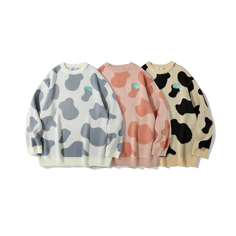 Mens Fall Outfits Cow Striped Couple's Sweater Loose Street Sweater for Men and Women