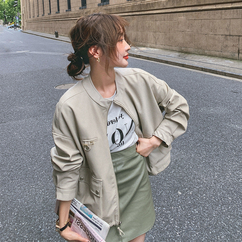 Cute Leather Jacket Retro Easy Matching Leather Clothing with Stand Collar Coat Female Autumn