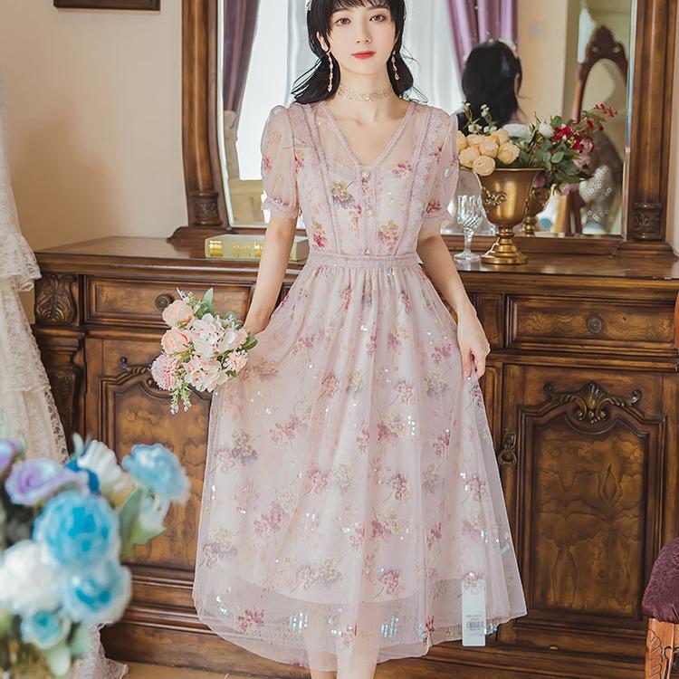 Women Cottagecore Dress Pink Purple Puff Sleeve Dress Long