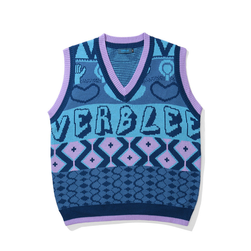 Men Sweater Vest Letter Jacquard Sweater Vest Men's V-neck Sleeveless Sweater Vest