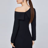 Women Spring Dress Long Sleeve Dress Lapel Sloping-Shoulder off the-Shoulder Waist Ladies Dress
