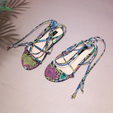 Women Open Toe Sandals Flats Large Size Summer Serpentine Sexy Fashion Lace-up Flat Floral Sandals