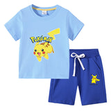 Children Pokemon Pikachu Hoodie T-shirt Shorts Two-Piece Suit Cotton